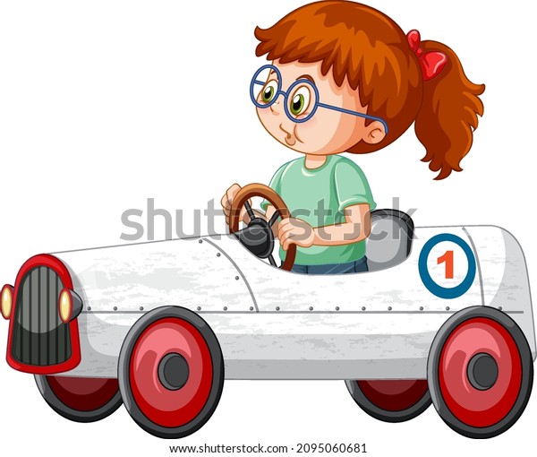A girl driving mini car toy on white\
background illustration