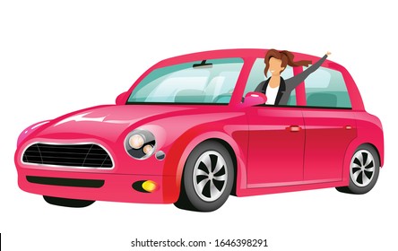 Girl Driving Pink Mini Cooper Flat Color Vector Faceless Character. Smiling Young Lady In Car Isolated Cartoon Illustration For Web Graphic Design And Animation. Happy Woman On Road Trip