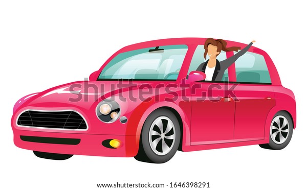 Girl driving pink mini cooper flat color vector\
faceless character. Smiling young lady in car isolated cartoon\
illustration for web graphic design and animation. Happy woman on\
road trip