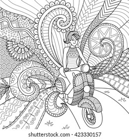 Girl driving scooter clean lines doodle design for coloring book for adult