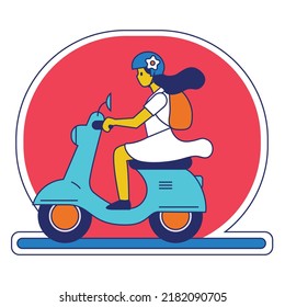 Girl driving scooter vespa in front of sunset flat style illustration