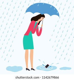 Girl Drop Her Mobile Phone Into A Puddle.  Water Accident With Electronics. Cartoon Illustration For Your Design. 