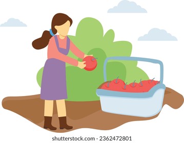 The girl is dropping the fruit into the fruit bucket.