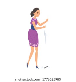 Girl Dropping Her Smartphone, Sad Young Woman with Broken Phone Cartoon Style Vector Illustration on White Background