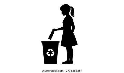 Girl dropping plastic bottle into recycling bin black silhouette