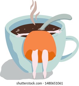 Girl drown in coffee. Coffe lovers concept. Flat cartoon style. Vector illustration. 