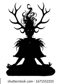 A girl druid with large deer horns, meditates in the lotus position, her hair soars up, her eyes burn with fire. She is wearing a feather costume. 2d
