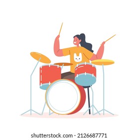 Girl Drummer Playing Musical Composition, Performance on Stage or Exam, Kid Take Part in Talent Show. Talented Child Artist Drum Kit Player Study in Musical School. Cartoon Vector Illustration