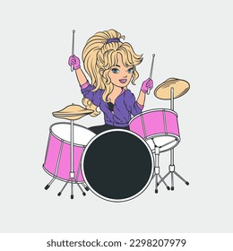 Girl drummer, vector hand illustration