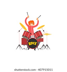 Girl Drummer Vector Illustration In Primitive Cartoon Childish Style Isolated On White Background