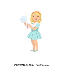 Girl Drying Clean Plate With Towel