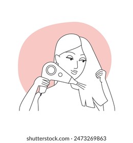 Girl drying hair in bathroom, female character using hairdryer vector illustration