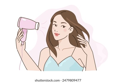 Girl drying her hair with blow dryer. Beauty and haircare concept. Vector illustration.
