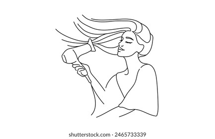 Chica secándose el pelo con un secador de pelo después de una ducha de arte de línea continua aislado sobre fondo blanco. Ilustración vectorial