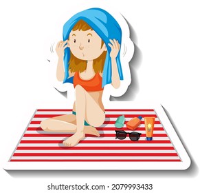 Girl drying her hair with a towel cartoon character sticker illustration