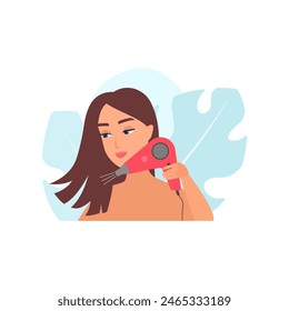 Girl drying long brown hair with hairdryer after shampooing vector illustration