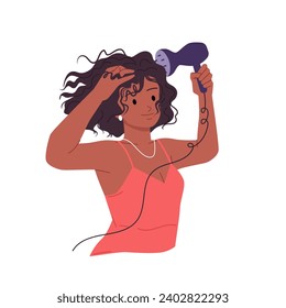 Girl drying wavy hair after washing vector illustration. Cartoon isolated portrait of beautiful young woman holding hairdryer with diffuser to blow and dry strands, person using curly girl method