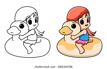 girl with duck swim ring coloring page for kids