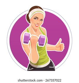 Girl with dumbbells for fitness. Eps10 vector illustration. Isolated on white background