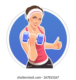 Girl with dumbbells for fitness. Eps10 vector illustration. Isolated on white background