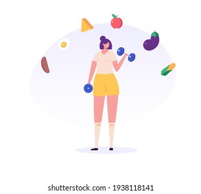 Girl with dumbbells. Сoncept of fitness marathon, proper nutrition, healthy food, weight management, beautiful body, individual dietary service, vegetables, slimming. Vector illustration in flat 