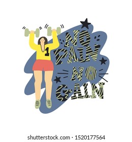 Girl with dumbbels. Quote : no pain no gain and decorative element around. Vector illustration