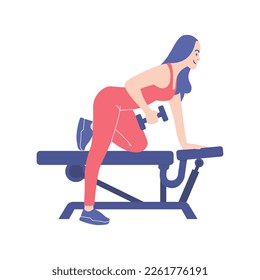 Girl with dumble doing a workout in gymnastic, girl day workout flat vector illustration in isolated background