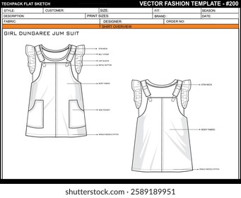 GIRL DUNGAREE JUM SUIT SKETCH FASHION TEMPLATE TECHNICAL ILLUSTRATION