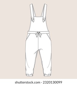 girl dungaree, jumpsuit flat sketch illustration