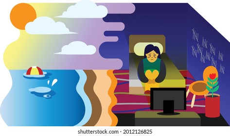 A girl during home isolation missing the beach time wallpaper