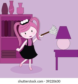 girl with a duster cleaning furniture