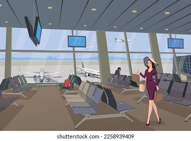 
A girl in duty free shopping in the airport terminal. Vector.