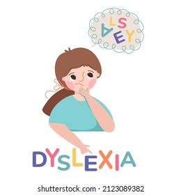 Girl with dyslexia or dyslexia in school. Colorful letters. The child learns to speak correctly. Vector illustration isolated on white background.