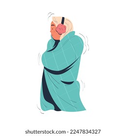 Girl in earmuffs feeling freeze wrapped in blanket trying to warm during winter or autumn season cartoon vector illustration