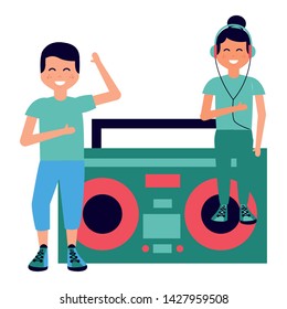 girl with earphones and boy dancing radio stereo listening music vector illustration