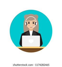  Girl with earphones and microphone working in call center. Concept of call center and technical support. 
