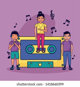 girl with earphones sitting cassette and boys listening music vector illustration