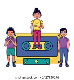 girl with earphones sitting cassette and boys listening music vector illustration