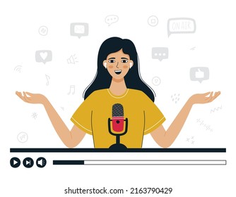 A girl in earphones talking into a microphone, recording a podcast. A woman with dark hair hosts an online show, tells stories. Podcasting, blogging, radio broadcasts. Flat color vector illustration.