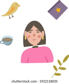 
Girl with earrings in her ears, in a bright pink sweater, with a cup of coffee, a book, a flower, and a bird