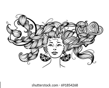 Girl with earrings keeps in long hair wood heart and palette