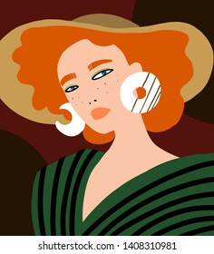 Girl with earrings. Print template. Beauty fashion female young figure. Minimalistic trendy style