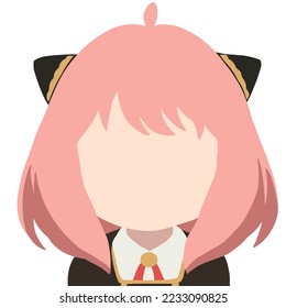 A girl with ears and lush pink hair, a black school dress with a red bow and a gold brooch, a simple drawing without drawing svg