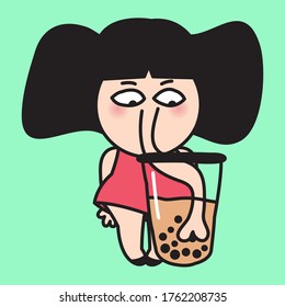 Girl With Elephant’s Ears And Trunk Drinking A Bubble Milk Tea From Cup Concept Card Character illustration