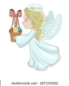 girl, Easter angel, with gift egg basket, picture in hand drawing cartoon style, for t-shirt wear fashion print design, greeting card, postcard. baby shower. party invitation