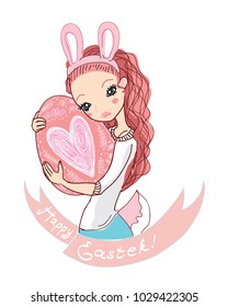 Girl in Easter Bunny costume vector drawing. Happy Easter greeting - cute girl hunting Easter Egg illustration.