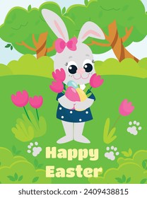 The Girl Easter Bunny in the dress holds decorative eggs and tulips in paws. Іllustration in cartoon style. The text of a happy Easter.