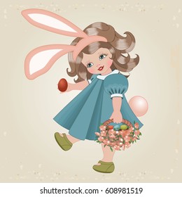 Girl with Easter bunny ears and a tail dressed in blue dress holding a basket with colored eggs and a dark red egg in her hand, child in a rabbit costume, egg hunt, retro effects