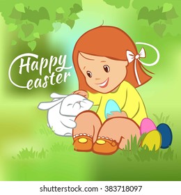Girl with the Easter bunny. Postcard Happy Easter.