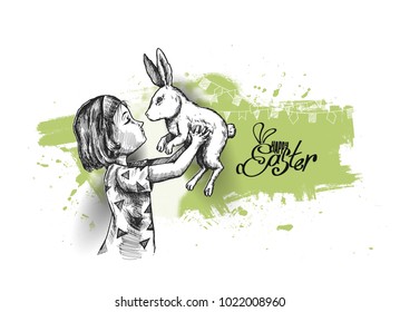 Girl with Easter Bunny Rabbit, Hand Drawn Sketch Vector illustration.